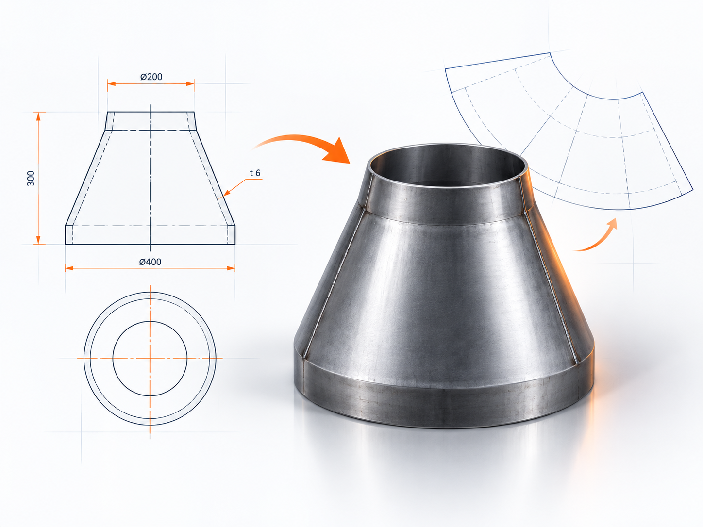 Desenho técnico de um cone de caldeiraria com a peça montada ao lado